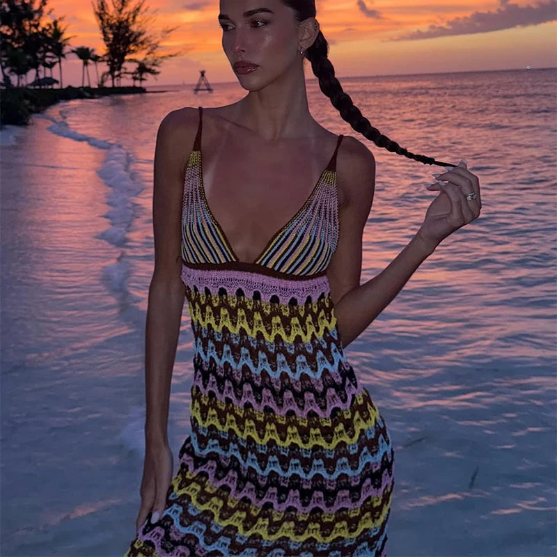 Irregular Printed Knitted Mini Dress For Women Chic Backless Slanted Shoulder Slim Fit Dresses 2025 Summer Holiday Beach Robes