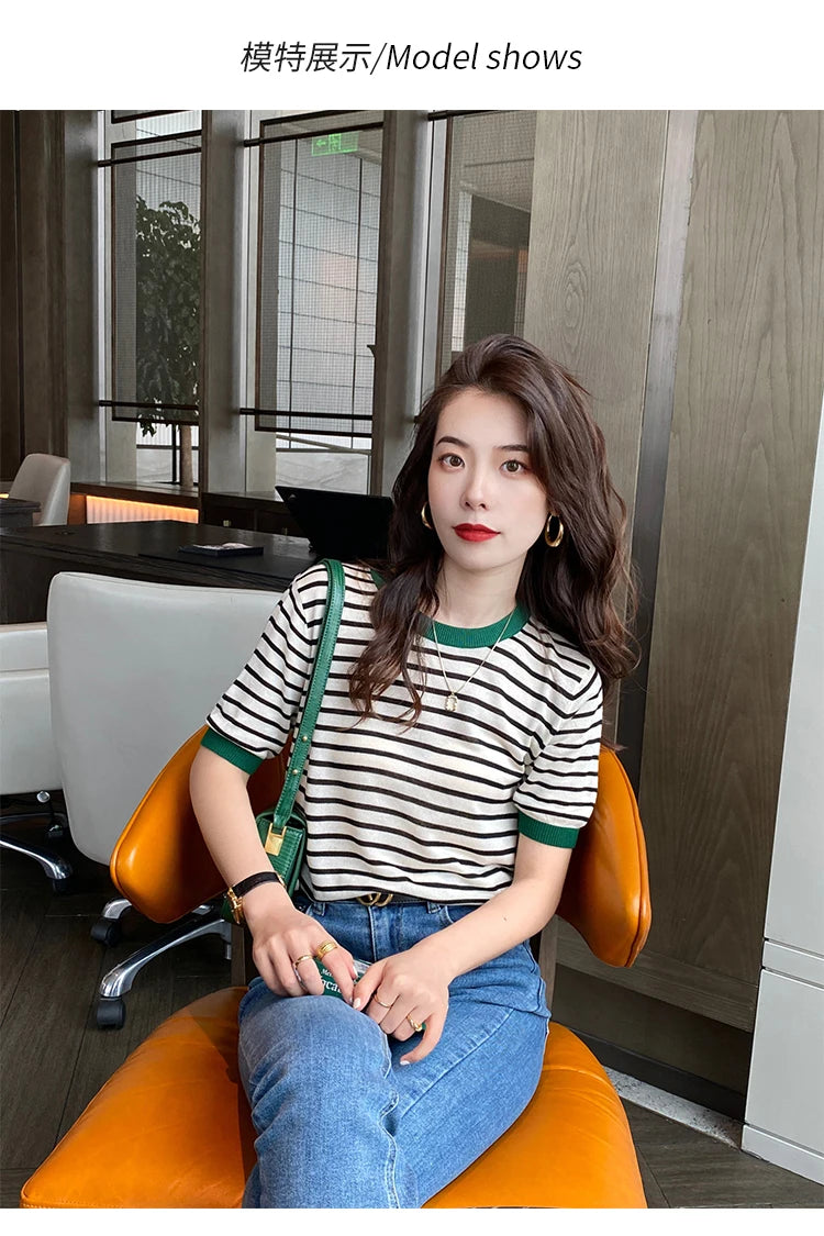 2025 Stripe Tops Women Knitted Round Collar Summer Print Short Sleeve Casual Simple Wild T-Shirt