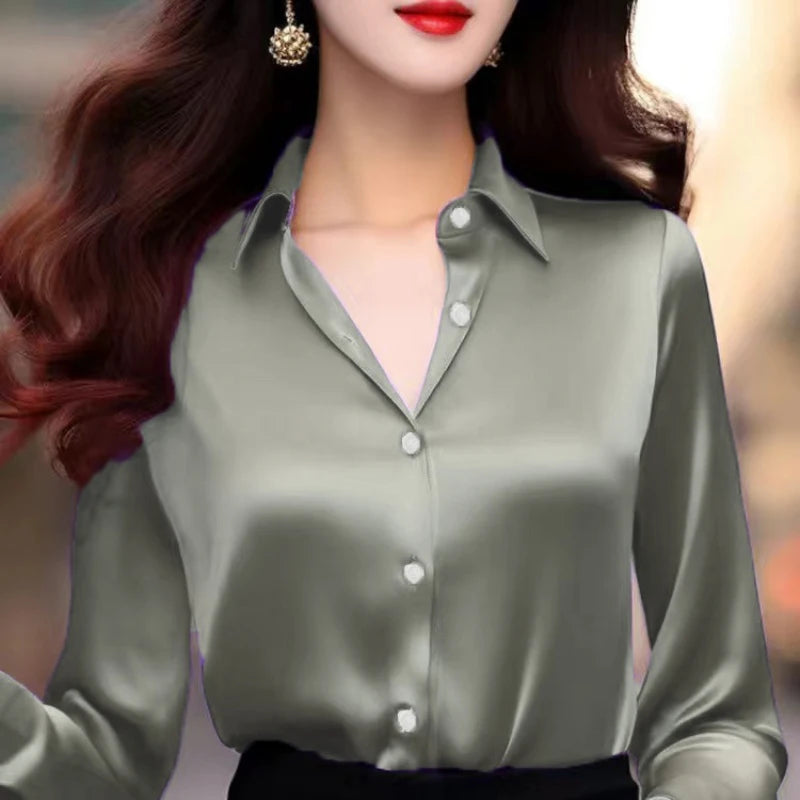 Solid Color Elegant Office Lady's Satin Shirt All-Match Trendy Women Shirts And Blouses Basic Chic Top Autumn French Chic Shirt