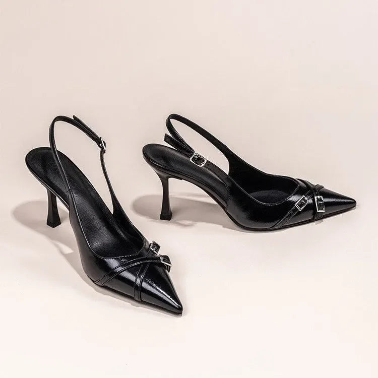 Fashionable Pointed Toe Shallow Mouth New High-heeled Shoes Summer Elegant Buckle Decorated Stiletto Black Women's Shoes NO:602