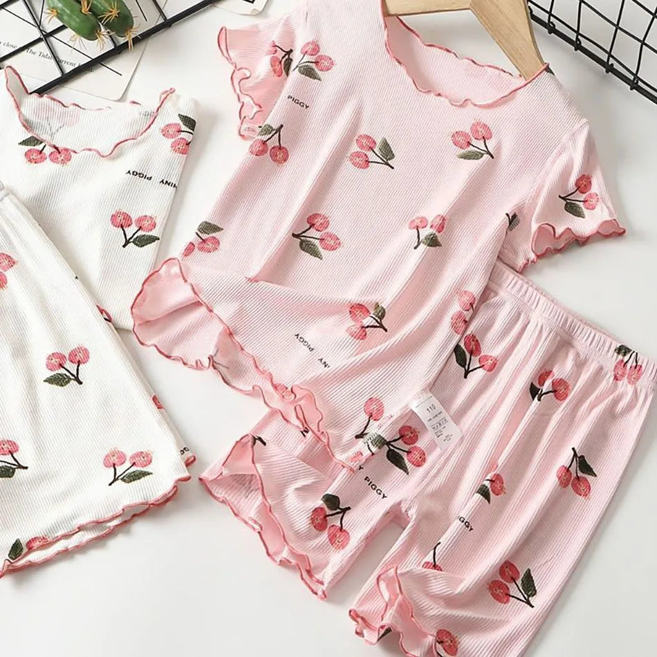 Girls Summer Pajama Set Cherry Blossom Print 4-Way Stretch Shorts & Tee Breathable Modal Blend for Bedtime and Playtime for 1-8Y
