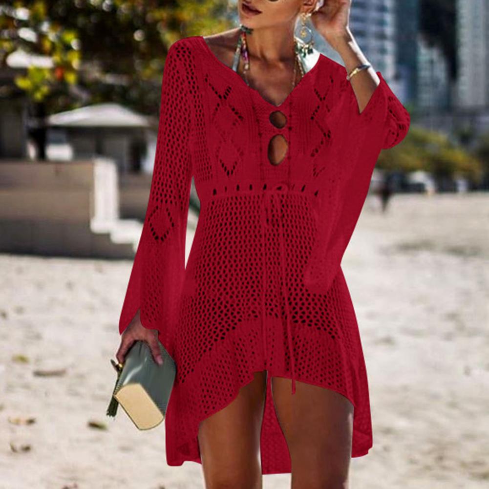 Sexy Women’s Bathing Suit Beach Cover Up Hollow Out Knitted Women Flared Sleeves Solid Color Beach Dress saida de praia