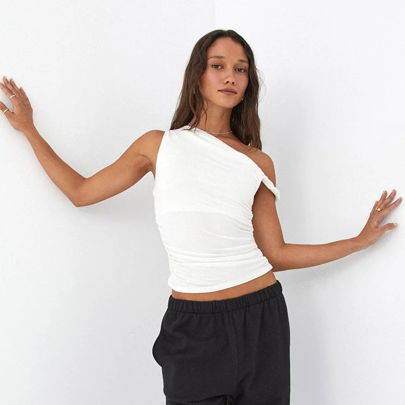 Simple Basic Casual Summer Tank Top Sleeveless Solid Color Off Shoulder Side Ruched Crop Tops Vestidos Spring Women T S