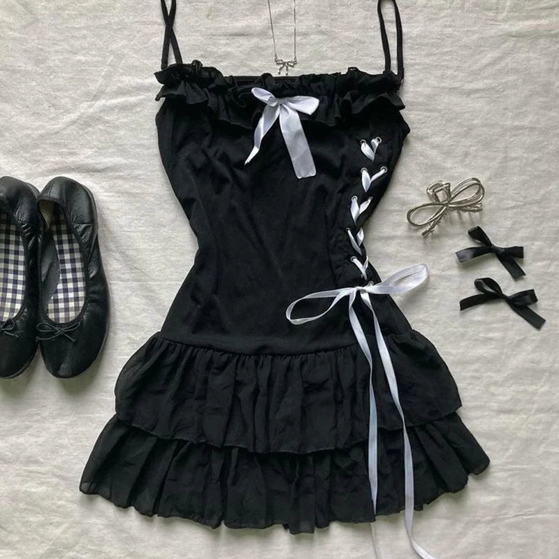 Gothic Harajuku Vintage Y2K Women's Dress Sexy Slim Chic Casual Lace-up Design Halter Neck Dresses Punk Rock Emo Girl Streetwear