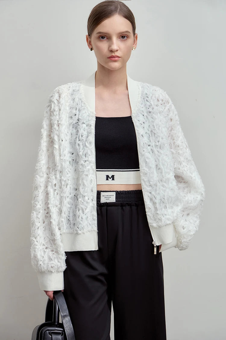 AMII Minimalist Zipper Jacket Women 2025 Spring New V Neck Stereoscopic Hollow Flowers Drop Sleeve Loose Casual Tops 12541004