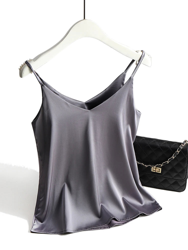 AOSSVIAO 2025 Spaghetti Strap Top Women Halter V Neck Basic White Cami Sleeveless Satin Silk Tank Tops Women'S Summer Camisole