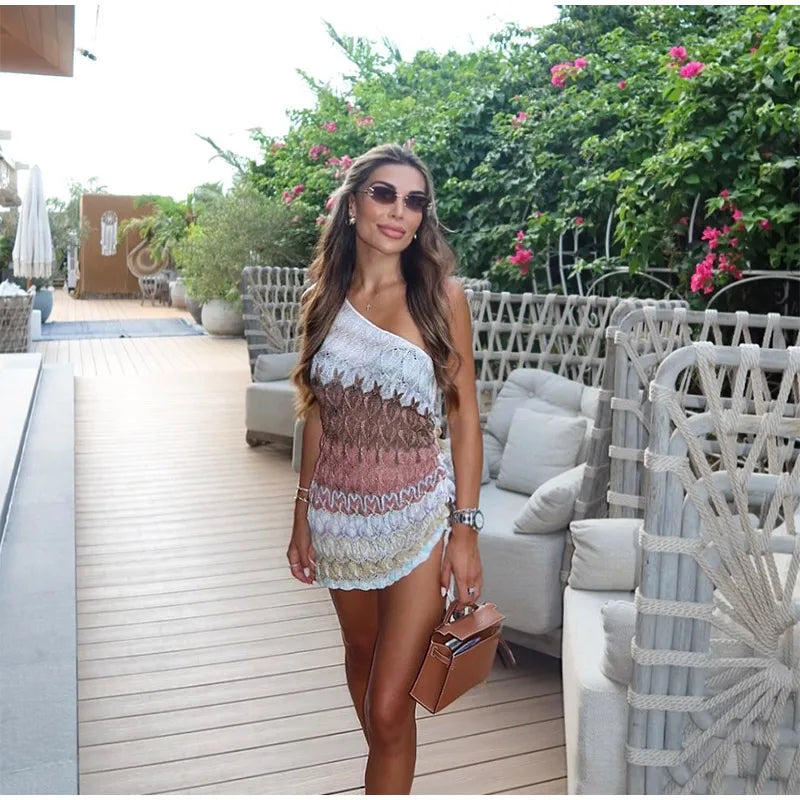 Irregular Printed Knitted Mini Dress For Women Chic Backless Slanted Shoulder Slim Fit Dresses 2025 Summer Holiday Beach Robes