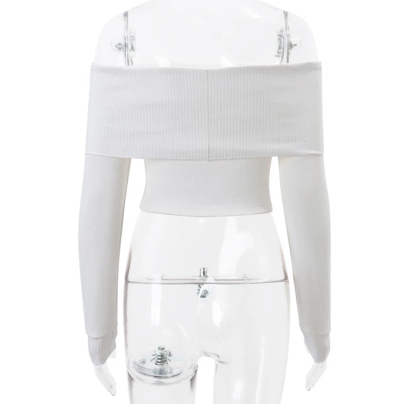 WhereMery Elegant Off Shoulder Ribbed Crop Tops Summer Fashion Casual Solid Skinny Long Sleeve Women's Gentle Y2K Tight T-shirts