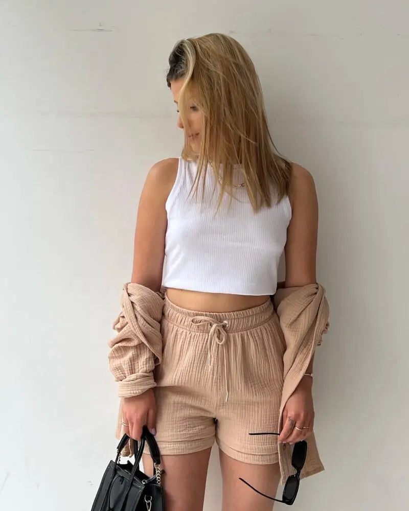 Solid Color Casual Loose Short Pants Sets For Women 2025 Elegant Summer Women's Two Pieces Suit Full Set Female Outfit Clothes