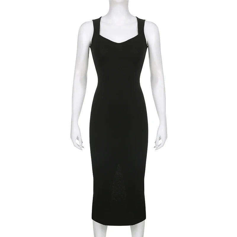 CIBBAR Basic Knit Long Dress Korean Fashion Square Collar Sleeveless Women's Dresses Summer Casual Y2k Vintage All-match Outfits
