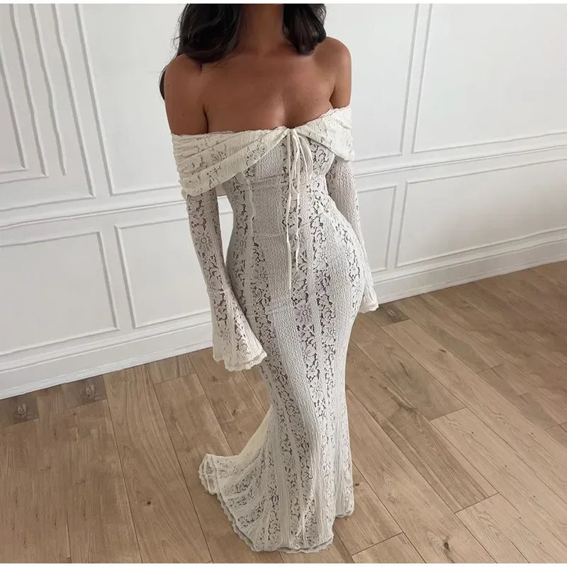 Elegant Cut Out Flared Long Sleeve Maxi Dress Women's Lace Up Hollow Out Off Shoulder Bodycon Vestidos 2025 Lady Outwear Vestido