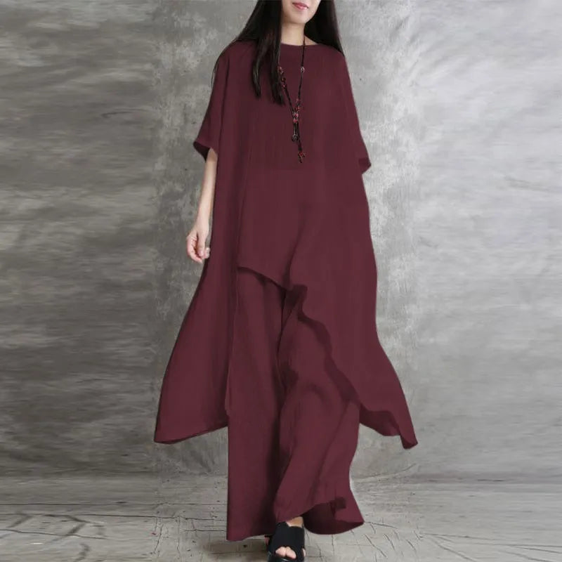 Women Cotton Linen Pant Sets 2 Pieces Casual Half Sleeve Solid Loose Blouse&High Elastic Waist Wide Leg Full Trousers Suits