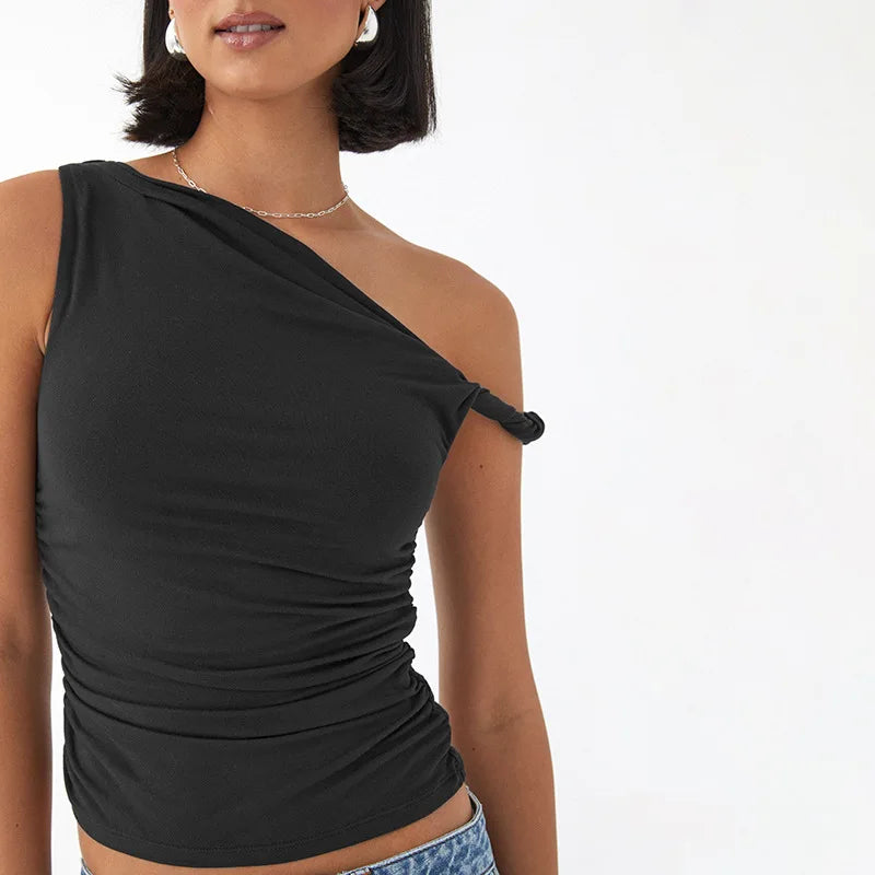 Simple Basic Casual Summer Tank Top Sleeveless Solid Color Off Shoulder Side Ruched Crop Tops Vestidos Spring Women T S