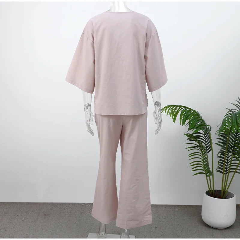 Women Classic Solid Wide Leg Pants Suits Summer Fashion V-neck One Button Loose Blouse Sets Casual Female Daily Streetwear 2025