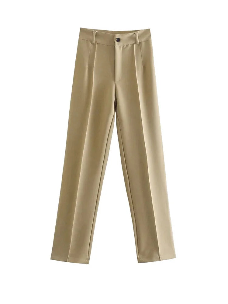 TRZA Women Chic Fashion Office Wear Straight Pants Vintage High Waist Zipper Fly Female Trousers Mujer