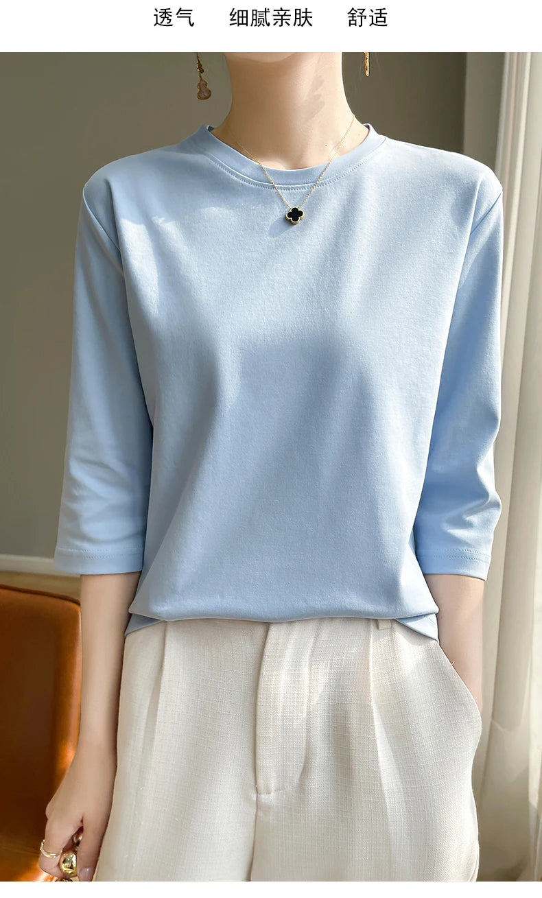 Spring And Summer New White Mercerized Cotton Short Sleeve T-Shirt Feminine Joker Cotton Cropped Sleeve Bottoming Shirt