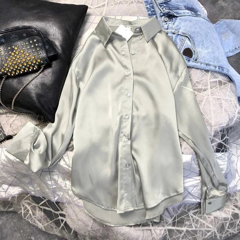 Autumn Casual Women's Satin Shirt All-Match Basic Solid Color Office Lady's Top Trendy Multicolor Shirts And Blouses Chic Top