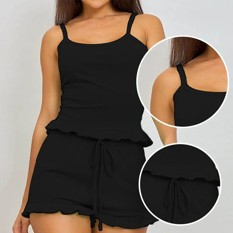 Summer Two-Piece Solid Color Sleepwear Round Neck Sexy Suspender Ribbed Knitted Pleated Vest Shorts Casual Women's Sleepwear Set