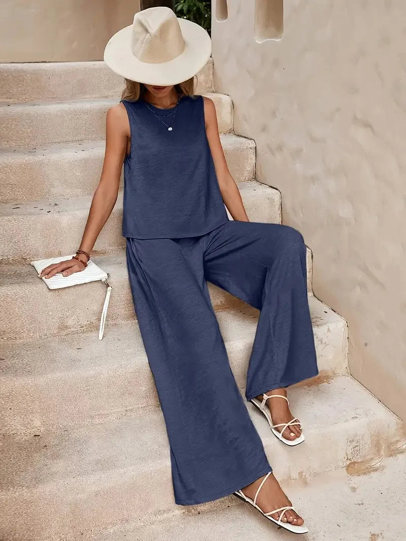 QX Womens Sleeveless Summer 2025 Pants Suit Flash Sale Solid Color Elegant Two Piece Round Neck Suit