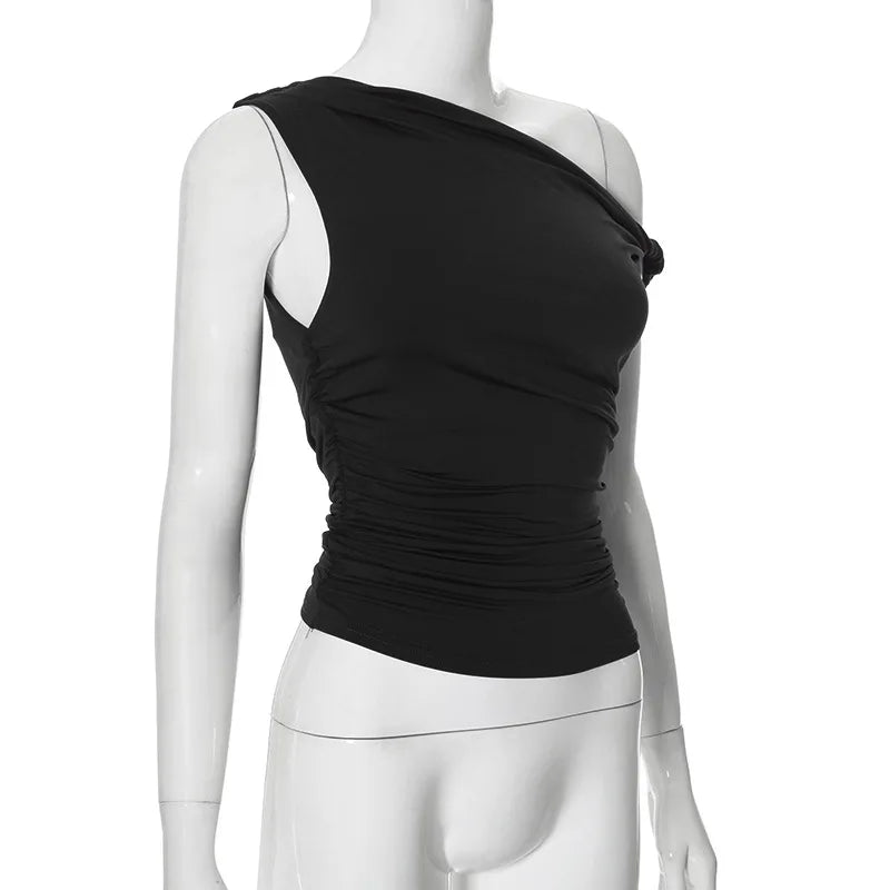Simple Basic Casual Summer Tank Top Sleeveless Solid Color Off Shoulder Side Ruched Crop Tops Vestidos Spring Women T S
