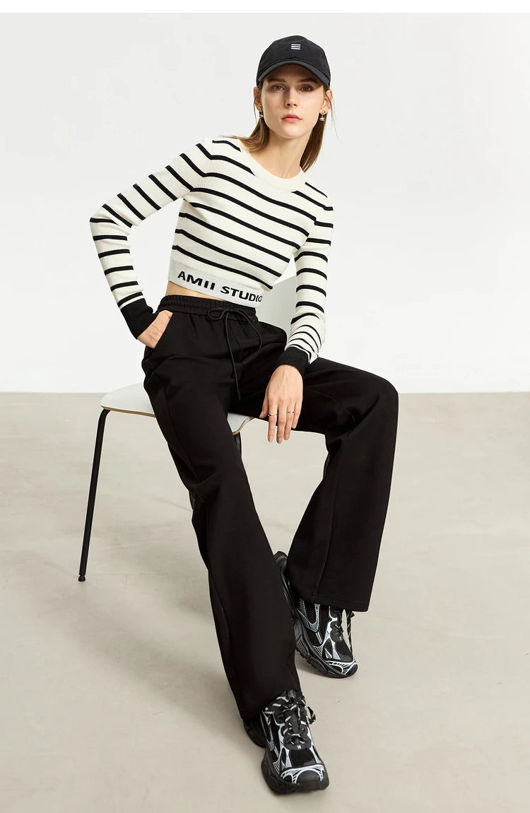 AMII Minimalism Casual Pants for Women 2025 Spring Wide Leg New Loose Vertical Elastic Waist Drawstring Sporty Trousers 12343338