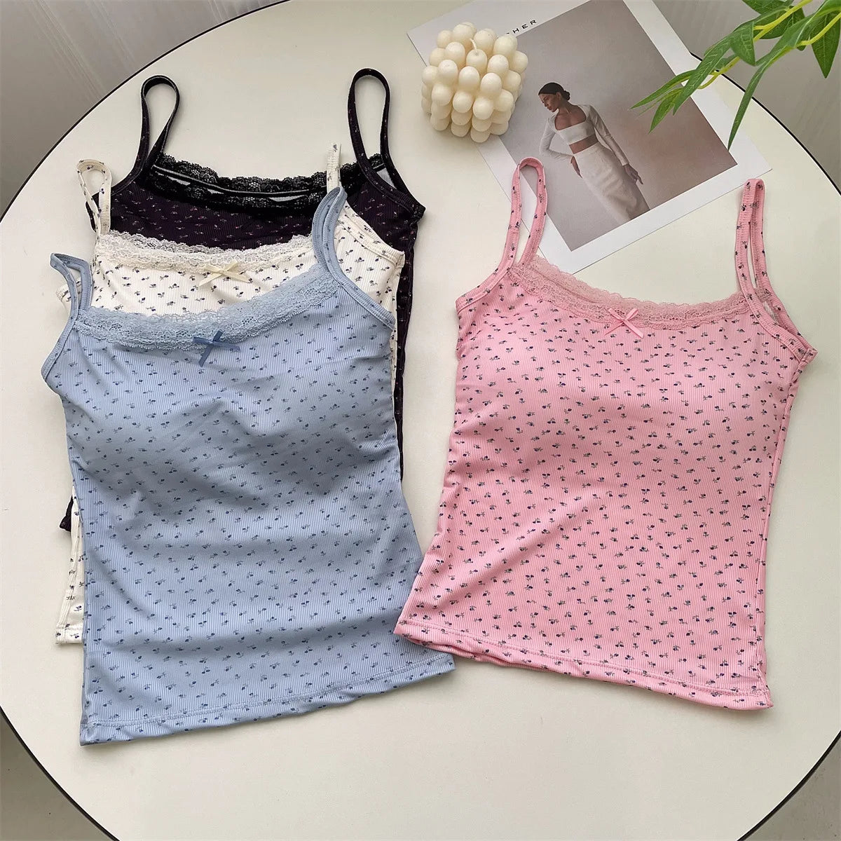 Summer Print Crop Tops for Women Bow Lace Camisole Sexy Backless Vest with Padded Basic Tank Top Bm Style Camis Y2k Streetwear