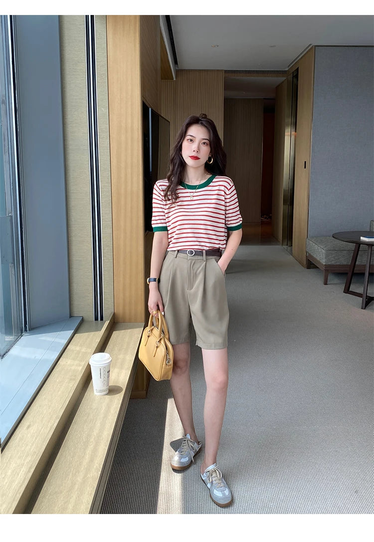 2025 Stripe Tops Women Knitted Round Collar Summer Print Short Sleeve Casual Simple Wild T-Shirt