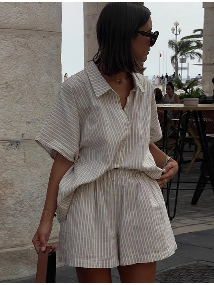 Women Elegant Stripes Cotton Linen Loose Shirt Shorts Suits Fashion Lapel Half Sleeves Elastic Waisted Shorts Summer Lady Outfit