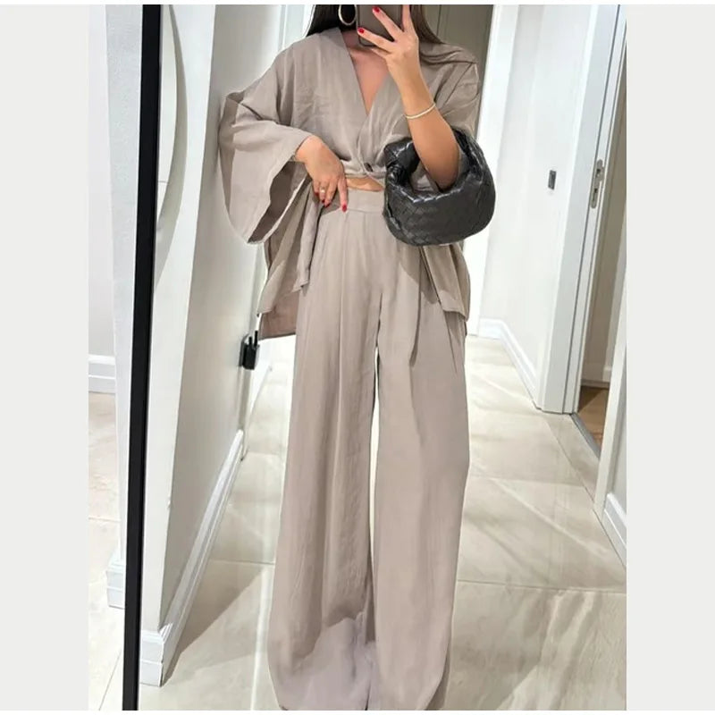 Women Classic Solid Wide Leg Pants Suits Summer Fashion V-neck One Button Loose Blouse Sets Casual Female Daily Streetwear 2025