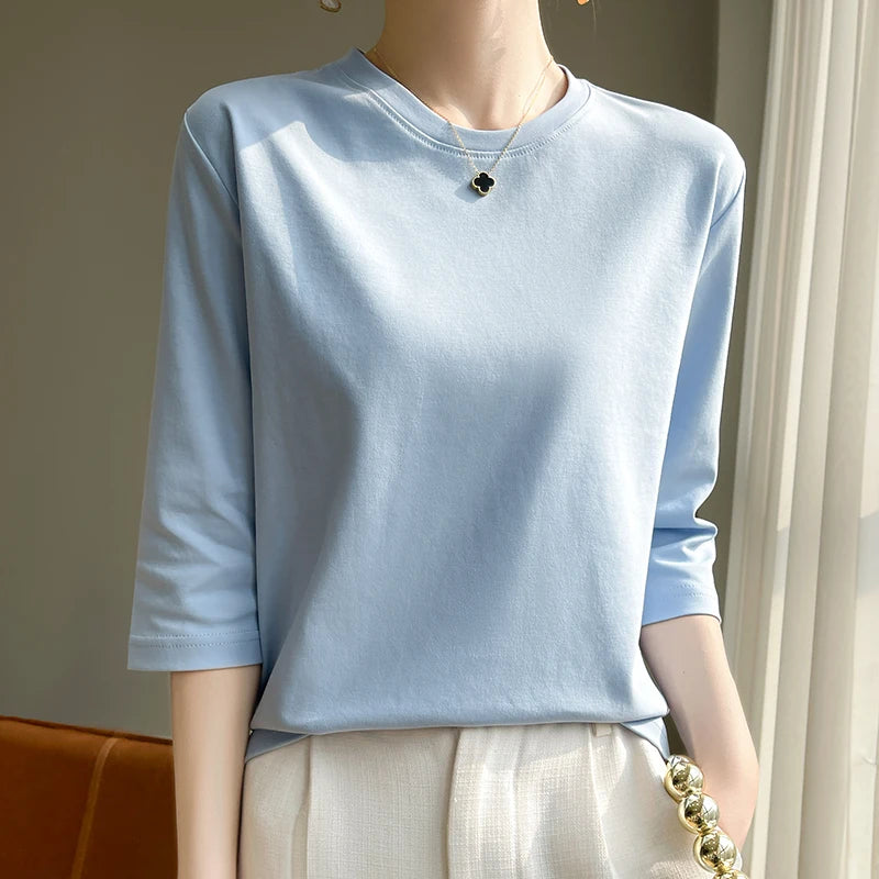 Spring And Summer New White Mercerized Cotton Short Sleeve T-Shirt Feminine Joker Cotton Cropped Sleeve Bottoming Shirt