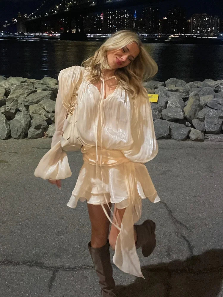 Elegant Ruffles Shiny Mini Dresses Fashion Solid Long Sleeve Lace Up V Neck Pleated Dress New Summer Party Women's Vestidos 2025