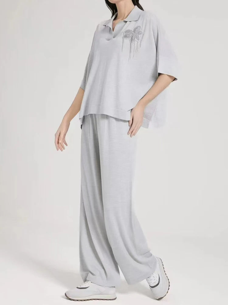25 Italy Classic Old Money Style Silk Sheep Wool Suit Women's Animal Embroidery Summer Elegant Travel Short Sleeve Wide Pants