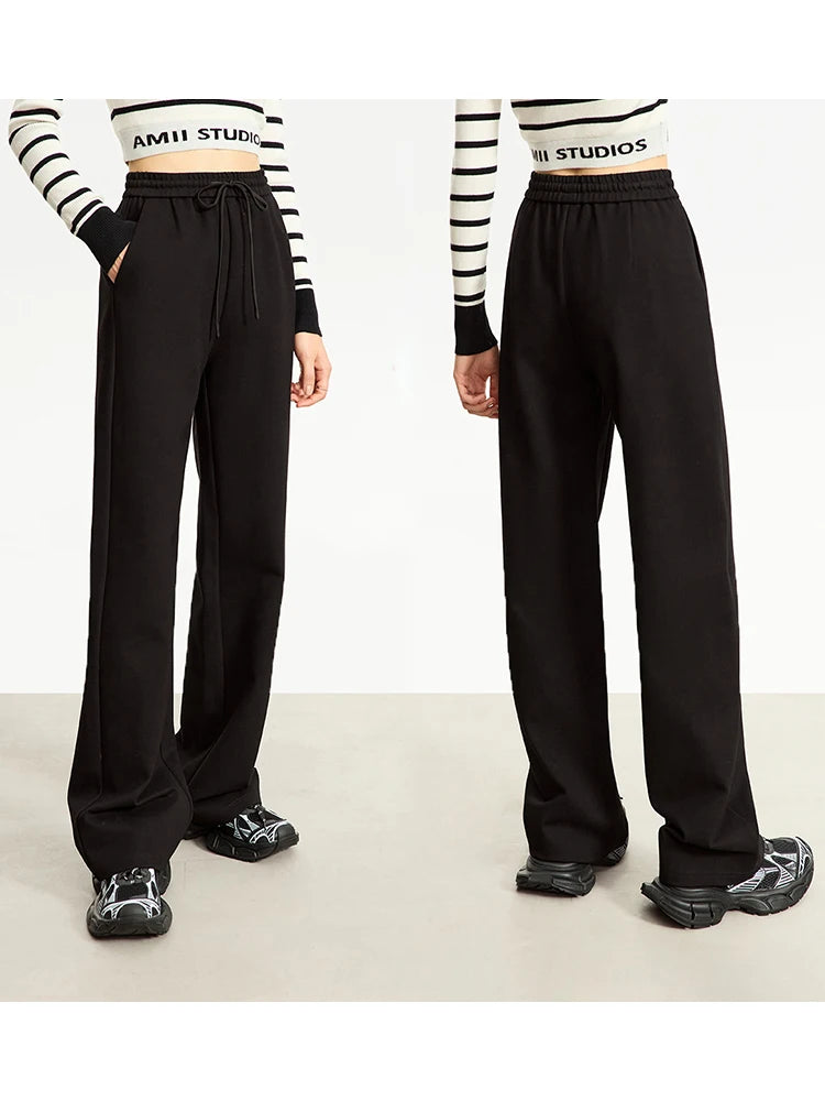 AMII Minimalism Casual Pants for Women 2025 Spring Wide Leg New Loose Vertical Elastic Waist Drawstring Sporty Trousers 12343338