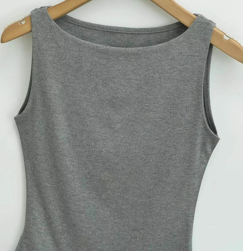 Women Double Layer Boat Neck Soft Slinky Tank Top