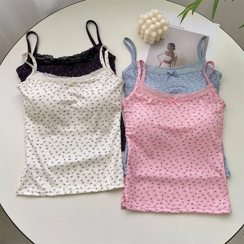 Summer Print Crop Tops for Women Bow Lace Camisole Sexy Backless Vest with Padded Basic Tank Top Bm Style Camis Y2k Streetwear
