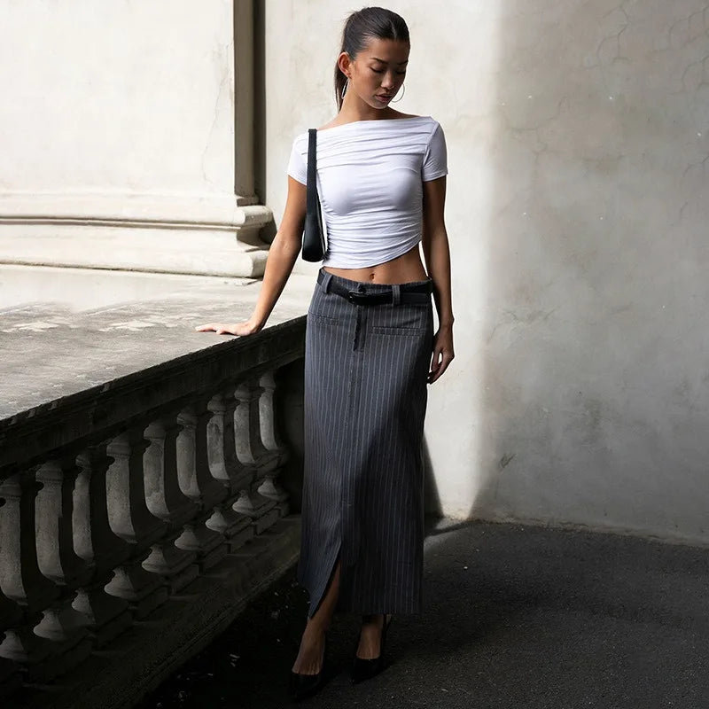Summer New T-shirt Women Sexy Short Sleeve Fashion Tees Slash Neck Folds Crop Top Casual Streetwear Bodycon Solid Basic T-shirts
