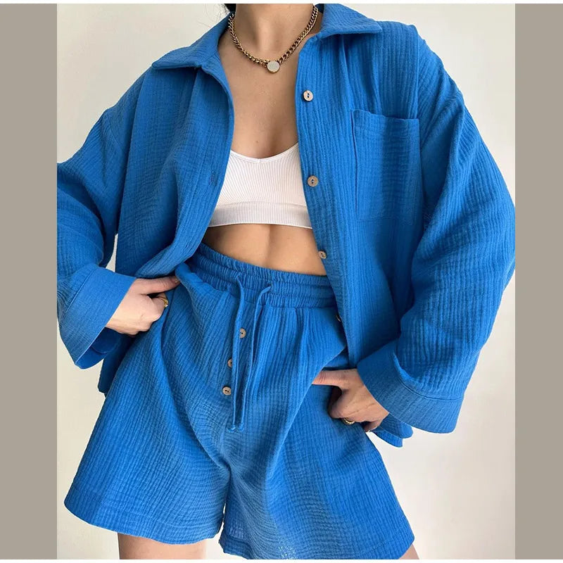 Classic Solid Shirt Pants Set Women Casual Loose Long Sleeved Lapel Elastic Waist Two Piece Suit 2025 New Summer Street Outfit