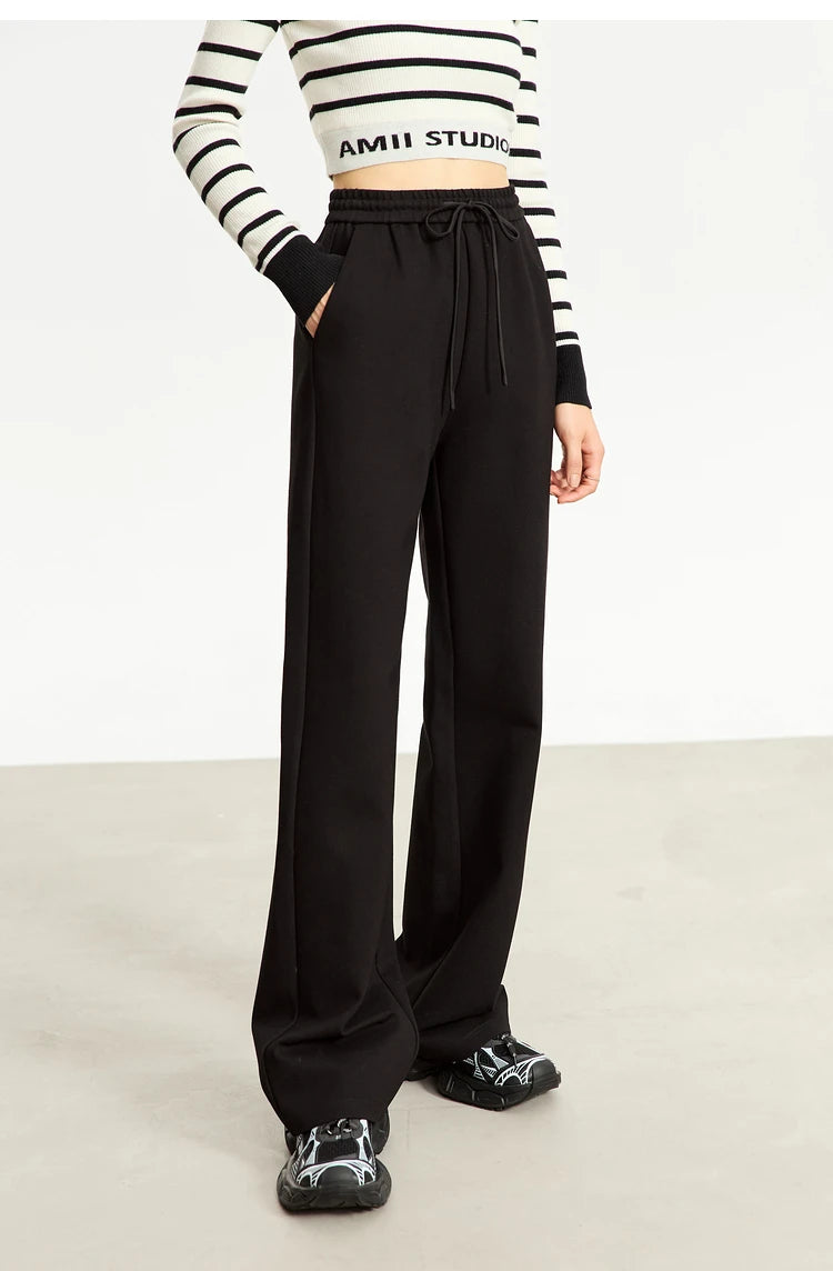 AMII Minimalism Casual Pants for Women 2025 Spring Wide Leg New Loose Vertical Elastic Waist Drawstring Sporty Trousers 12343338