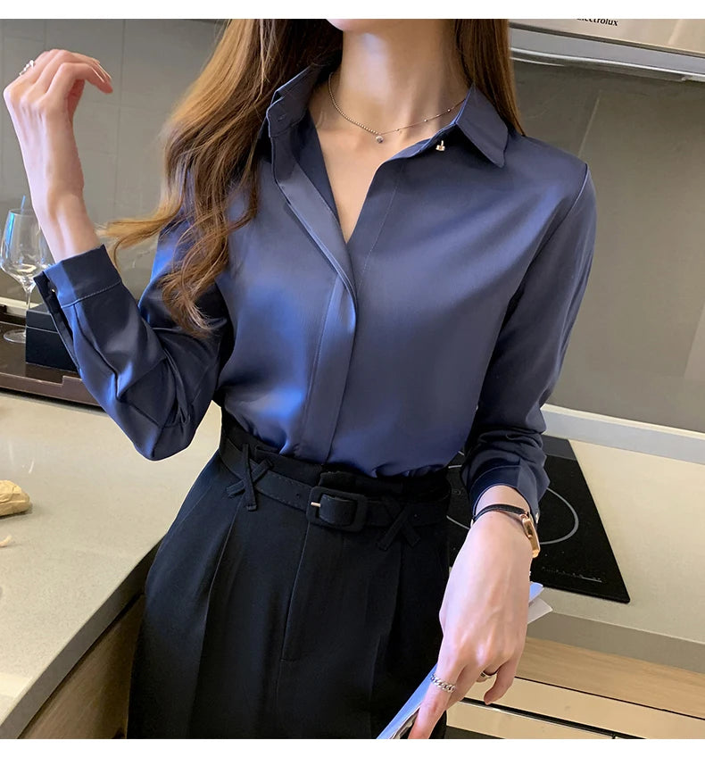 Satin Women Shirt Vintage Long Sleeve Blouse Women Silk Elegant Womens Tops Commuting Luxury White Shirt Autumn Female Clothing
