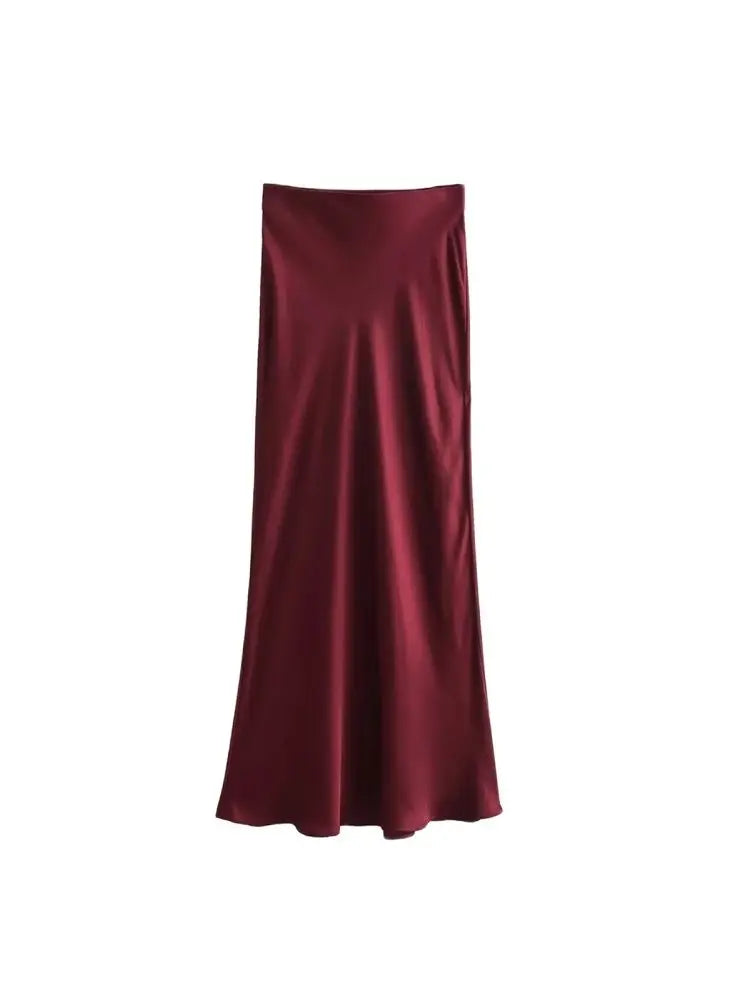 TRZA Women's Soft Touch Silk-Like Midi Skirt High Waist Elastic Waistband Chic Fashion Female Skirts Elegant Mujer