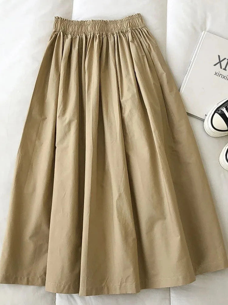 Women White Long Skirt Fashion Pockets Pleated Knee Length Skirts Autumn 2024 New Casual Elegant High Waist A Line Femme Skirts