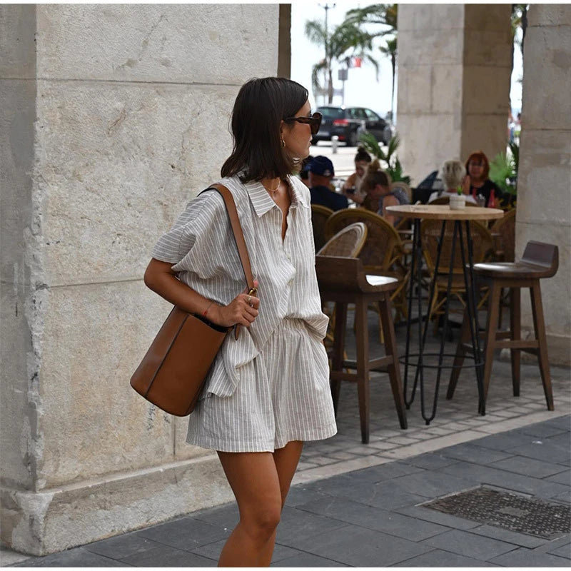 Women Elegant Stripes Cotton Linen Loose Shirt Shorts Suits Fashion Lapel Half Sleeves Elastic Waisted Shorts Summer Lady Outfit