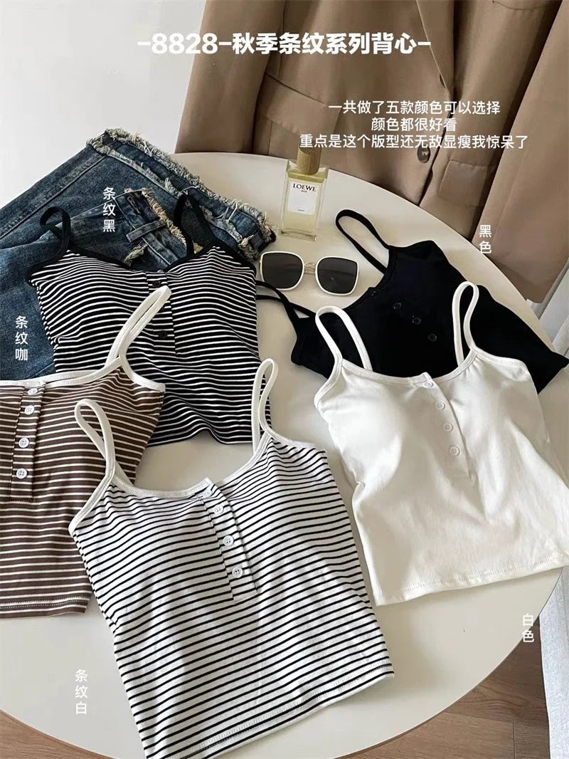 White Stripe Small Cami Women Autumn Gyaru Sexy Button Slim fit Short With Chest Pad Top NS5861