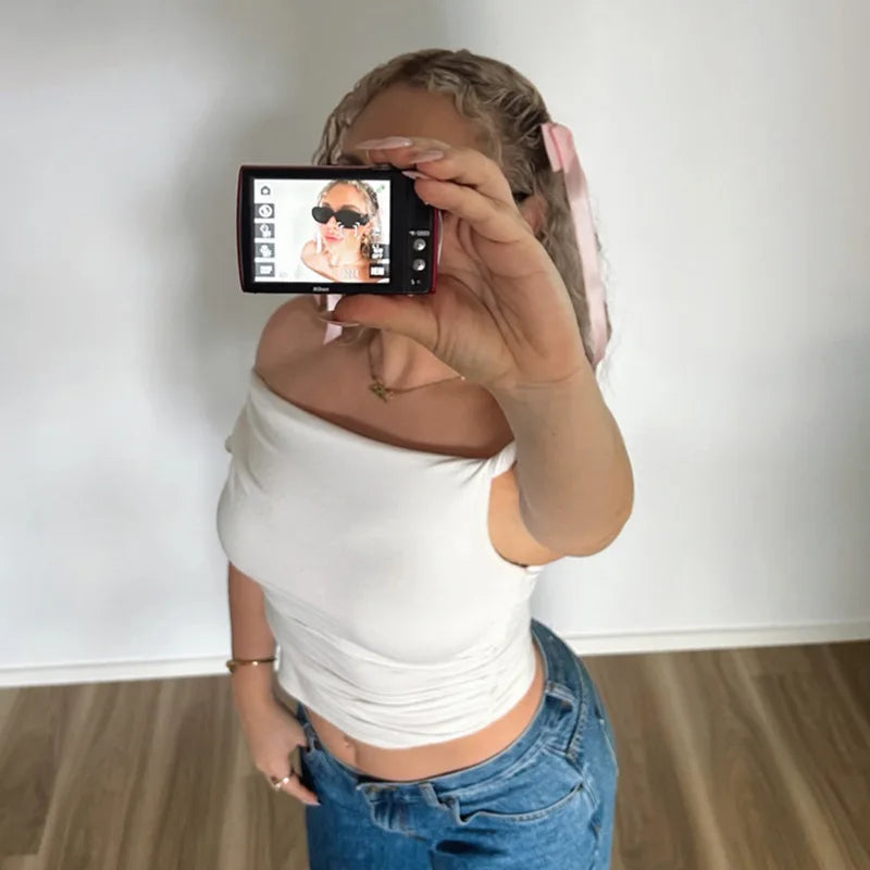 Simple Basic Casual Summer Tank Top Sleeveless Solid Color Off Shoulder Side Ruched Crop Tops Vestidos Spring Women T S