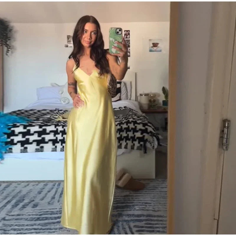 Yellow Elegant Stain Women's Sling Dress Sexy Backless Sleeveless V Neck High Waist Evening Gown Summer Chic Lady Partywear 2025