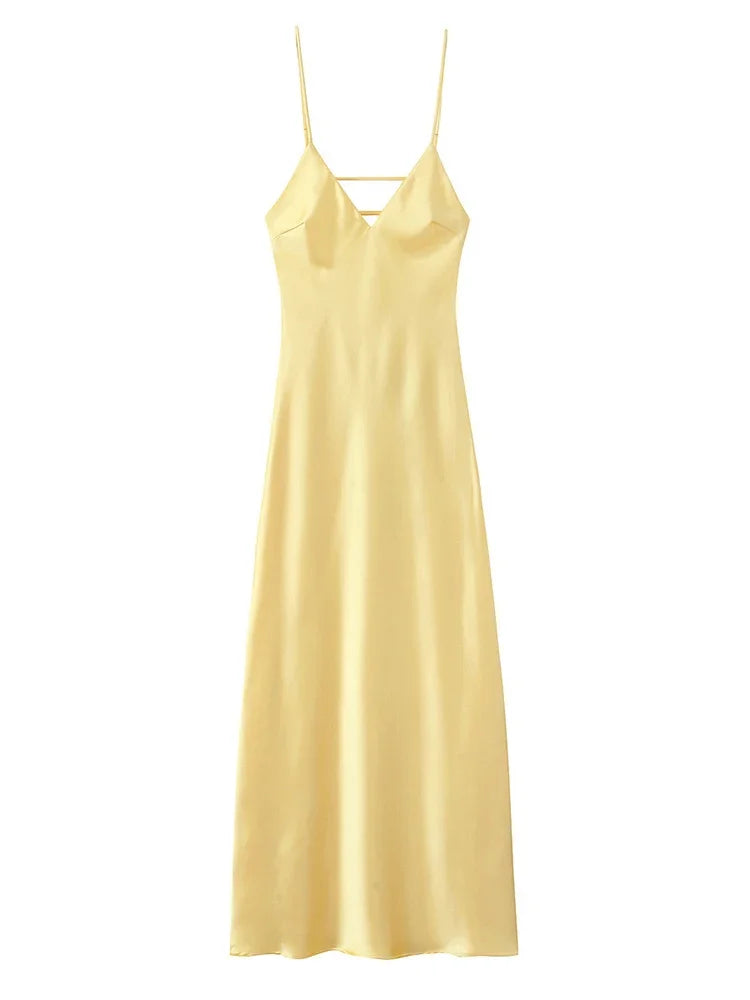 Yellow Elegant Stain Women's Sling Dress Sexy Backless Sleeveless V Neck High Waist Evening Gown Summer Chic Lady Partywear 2025