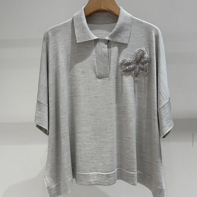 25 Italy Classic Old Money Style Silk Sheep Wool Suit Women's Animal Embroidery Summer Elegant Travel Short Sleeve Wide Pants