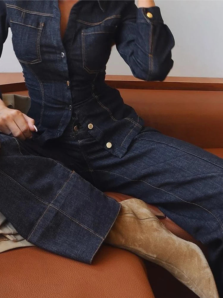 Women Two Pieces Set Denim Pant Sets Single Breasted Long Sleeve Belt Coat Wide Leg Trousers Jeans Female 2 Pieces Outfits