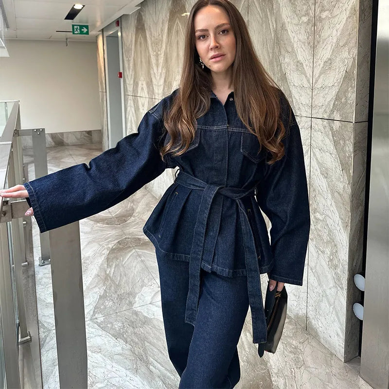 Women Two Pieces Set Denim Pant Sets Single Breasted Long Sleeve Belt Coat Wide Leg Trousers Jeans Female 2 Pieces Outfits