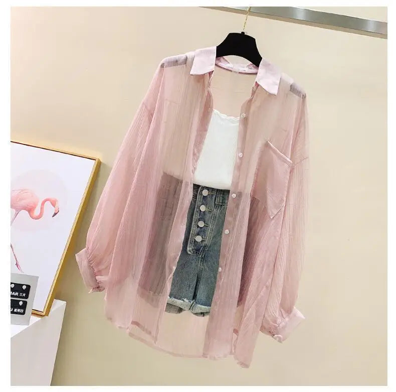 Summer sunscreen chiffon blouse Korean Harajuku style loose casual women's cardigan elegantly perforated top sheer fashionable